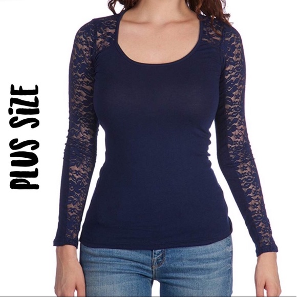 Tops Plus Size Navy Blue Long Sleeve Lace Detail Top Poshmark